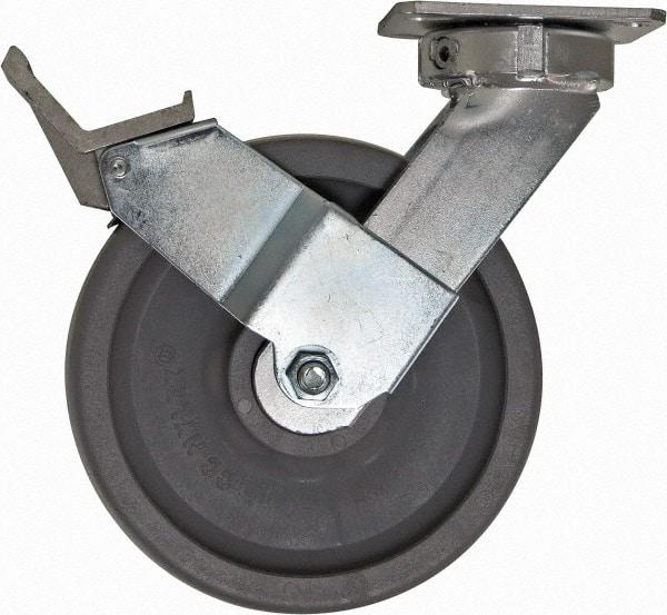 Caster Connection - 8" Diam x 2" Wide x 10-1/8" OAH Top Plate Mount Swivel Caster with Brake - Nylon, 2,000 Lb Capacity, Sealed Precision Ball Bearing, 4 x 4-1/2" Plate - Eagle Tool & Supply