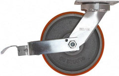 Caster Connection - 10" Diam x 3" Wide x 11-1/2" OAH Top Plate Mount Swivel Caster with Brake - Polyurethane, 2,750 Lb Capacity, Sealed Precision Ball Bearing, 4-1/2 x 6-1/4" Plate - Eagle Tool & Supply