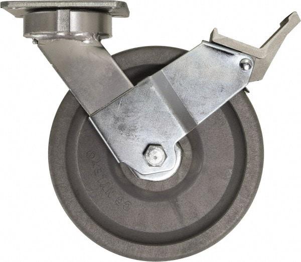 Caster Connection - 8" Diam x 2" Wide x 9-1/2" OAH Top Plate Mount Swivel Caster with Brake - Nylon, 2,000 Lb Capacity, Sealed Precision Ball Bearing, 4 x 4-1/2" Plate - Eagle Tool & Supply
