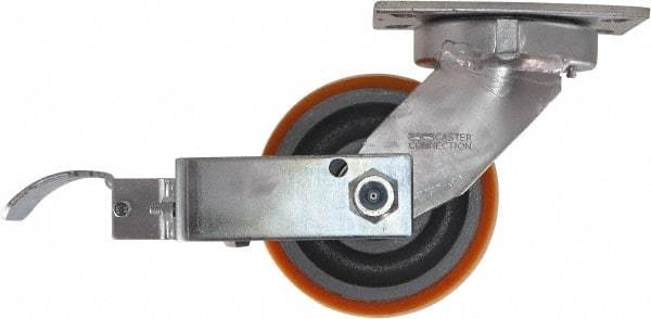 Caster Connection - 6" Diam x 3" Wide x 7-1/2" OAH Top Plate Mount Swivel Caster with Brake - Polyurethane, 2,300 Lb Capacity, Sealed Precision Ball Bearing, 4-1/2 x 6-1/4" Plate - Eagle Tool & Supply