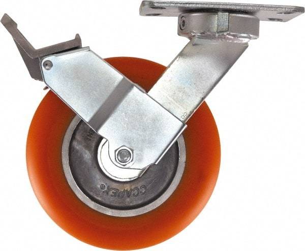 Caster Connection - 8" Diam x 2" Wide x 10-1/8" OAH Top Plate Mount Swivel Caster with Brake - Polyurethane, 1,200 Lb Capacity, Sealed Precision Ball Bearing, 4-1/2 x 6-1/4" Plate - Eagle Tool & Supply