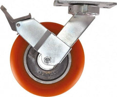 Caster Connection - 8" Diam x 2" Wide x 10-1/8" OAH Top Plate Mount Swivel Caster with Brake - Polyurethane, 1,200 Lb Capacity, Sealed Precision Ball Bearing, 4-1/2 x 6-1/4" Plate - Eagle Tool & Supply