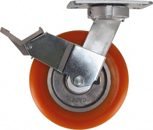 Caster Connection - 8" Diam x 2" Wide x 10-1/8" OAH Top Plate Mount Swivel Caster with Brake - Polyurethane, 1,200 Lb Capacity, Sealed Precision Ball Bearing, 4-1/2 x 6-1/4" Plate - Eagle Tool & Supply