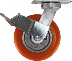 Caster Connection - 8" Diam x 2" Wide x 10-1/8" OAH Top Plate Mount Swivel Caster with Brake - Polyurethane, 1,200 Lb Capacity, Sealed Precision Ball Bearing, 4-1/2 x 6-1/4" Plate - Eagle Tool & Supply