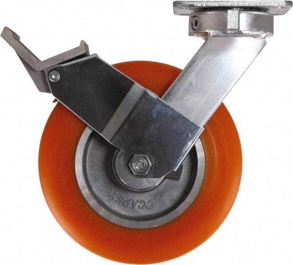 Caster Connection - 8" Diam x 2" Wide x 10-1/8" OAH Top Plate Mount Swivel Caster with Brake - Polyurethane, 1,200 Lb Capacity, Sealed Precision Ball Bearing, 4 x 4-1/2" Plate - Eagle Tool & Supply