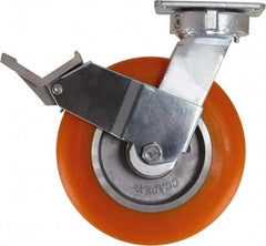Caster Connection - 8" Diam x 2" Wide x 10-1/8" OAH Top Plate Mount Swivel Caster with Brake - Polyurethane, 1,200 Lb Capacity, Sealed Precision Ball Bearing, 4 x 4-1/2" Plate - Eagle Tool & Supply