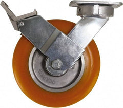 Caster Connection - 8" Diam x 2" Wide x 9-1/2" OAH Top Plate Mount Swivel Caster with Brake - Polyurethane, 1,200 Lb Capacity, Sealed Precision Ball Bearing, 4 x 4-1/2" Plate - Eagle Tool & Supply