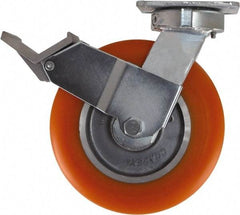 Caster Connection - 8" Diam x 2" Wide x 9-1/2" OAH Top Plate Mount Swivel Caster with Brake - Polyurethane, 1,200 Lb Capacity, Sealed Precision Ball Bearing, 4 x 4-1/2" Plate - Eagle Tool & Supply