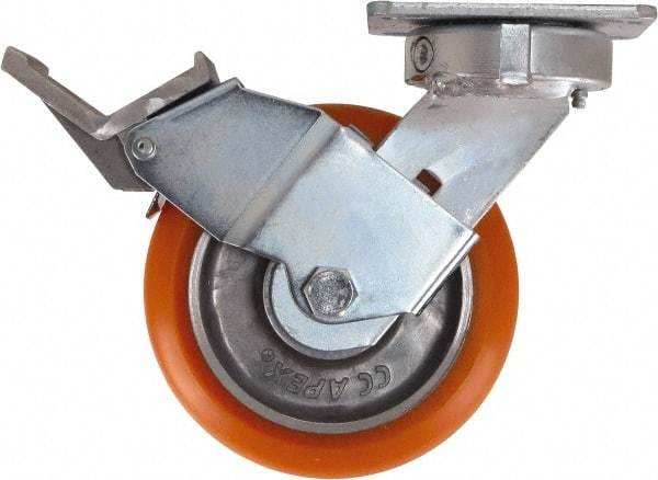 Caster Connection - 6" Diam x 2" Wide x 7-1/2" OAH Top Plate Mount Swivel Caster with Brake - Polyurethane, 1,000 Lb Capacity, Sealed Precision Ball Bearing, 4 x 4-1/2" Plate - Eagle Tool & Supply
