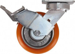 Caster Connection - 6" Diam x 2" Wide x 7-1/2" OAH Top Plate Mount Swivel Caster with Brake - Polyurethane, 1,000 Lb Capacity, Sealed Precision Ball Bearing, 4 x 4-1/2" Plate - Eagle Tool & Supply