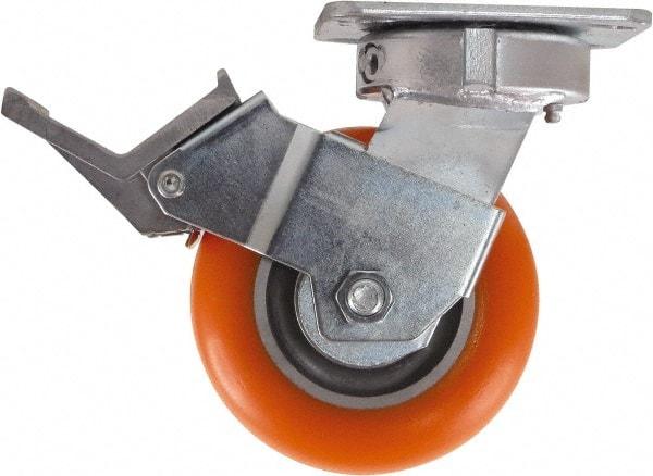 Caster Connection - 5" Diam x 2" Wide x 6-1/2" OAH Top Plate Mount Swivel Caster with Brake - Polyurethane, 750 Lb Capacity, Sealed Precision Ball Bearing, 4 x 4-1/2" Plate - Eagle Tool & Supply