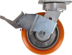 Caster Connection - 6" Diam x 2" Wide x 7-1/2" OAH Top Plate Mount Swivel Caster with Brake - Polyurethane, 1,000 Lb Capacity, Sealed Precision Ball Bearing, 4 x 4-1/2" Plate - Eagle Tool & Supply