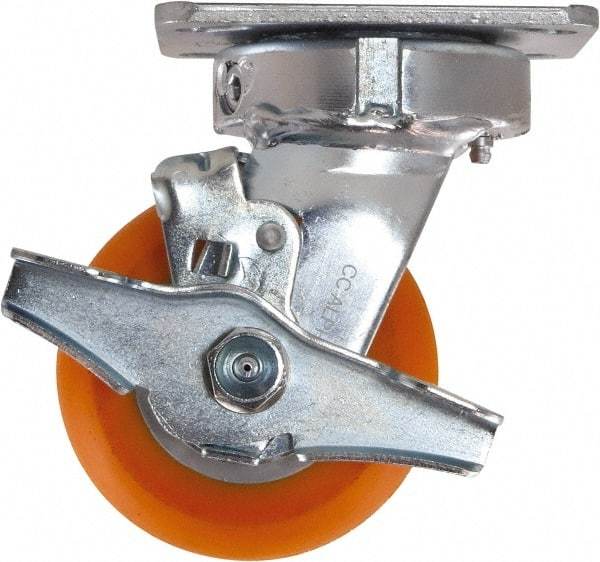 Caster Connection - 4" Diam x 2" Wide x 5-5/8" OAH Top Plate Mount Swivel Caster with Brake - Polyurethane, 700 Lb Capacity, Sealed Precision Ball Bearing, 4 x 4-1/2" Plate - Eagle Tool & Supply