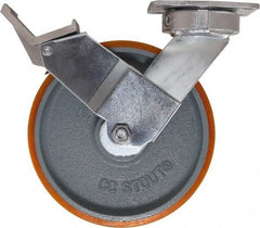 Caster Connection - 8" Diam x 2" Wide x 9-1/2" OAH Top Plate Mount Swivel Caster with Brake - Polyurethane, 1,500 Lb Capacity, Sealed Precision Ball Bearing, 4 x 4-1/2" Plate - Eagle Tool & Supply