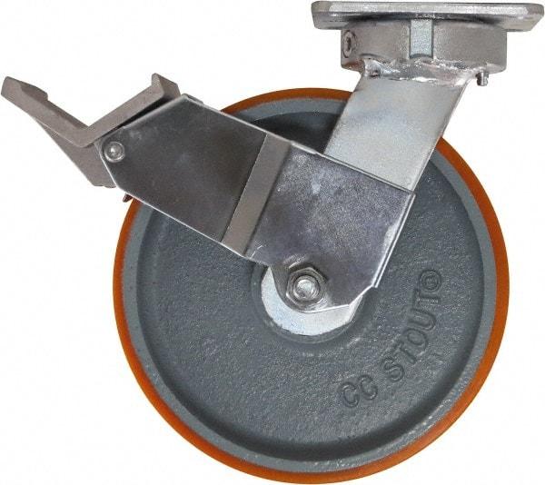 Caster Connection - 8" Diam x 2" Wide x 9-1/2" OAH Top Plate Mount Swivel Caster with Brake - Polyurethane, 1,500 Lb Capacity, Sealed Precision Ball Bearing, 4 x 4-1/2" Plate - Eagle Tool & Supply