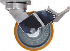 Caster Connection - 6" Diam x 2" Wide x 7-1/2" OAH Top Plate Mount Swivel Caster with Brake - Polyurethane, 1,250 Lb Capacity, Sealed Precision Ball Bearing, 4 x 4-1/2" Plate - Eagle Tool & Supply