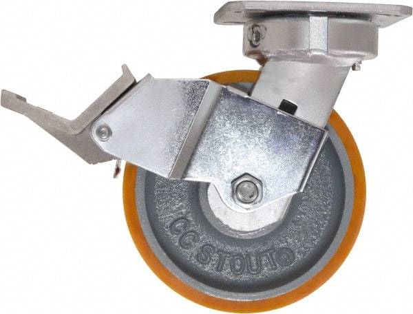Caster Connection - 6" Diam x 2" Wide x 7-1/2" OAH Top Plate Mount Swivel Caster with Brake - Polyurethane, 1,250 Lb Capacity, Sealed Precision Ball Bearing, 4 x 4-1/2" Plate - Eagle Tool & Supply