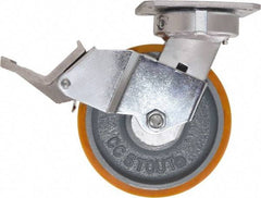 Caster Connection - 6" Diam x 2" Wide x 7-1/2" OAH Top Plate Mount Swivel Caster with Brake - Polyurethane, 1,250 Lb Capacity, Sealed Precision Ball Bearing, 4 x 4-1/2" Plate - Eagle Tool & Supply