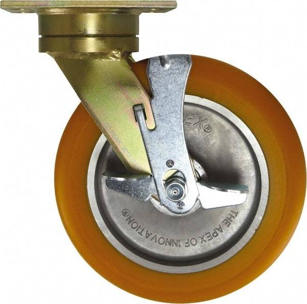 Caster Connection - 10" Diam x 2" Wide x 12" OAH Top Plate Mount Swivel Caster with Brake - Polyurethane, 1,500 Lb Capacity, Sealed Precision Ball Bearing, 4-1/2 x 6-1/4" Plate - Eagle Tool & Supply