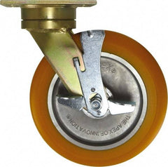 Caster Connection - 10" Diam x 2" Wide x 12" OAH Top Plate Mount Swivel Caster with Brake - Polyurethane, 1,500 Lb Capacity, Sealed Precision Ball Bearing, 4-1/2 x 6-1/4" Plate - Eagle Tool & Supply