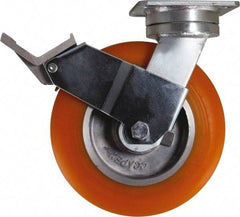 Caster Connection - 8" Diam x 2" Wide x 9-1/2" OAH Top Plate Mount Swivel Caster with Brake - Polyurethane, 1,200 Lb Capacity, Sealed Precision Ball Bearing, 4 x 4-1/2" Plate - Eagle Tool & Supply