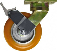 Caster Connection - 8" Diam x 1-1/4" Wide x 10-1/8" OAH Top Plate Mount Swivel Caster with Brake - Polyurethane, 1,200 Lb Capacity, Sealed Precision Ball Bearing, 4-1/2 x 6-1/4" Plate - Eagle Tool & Supply