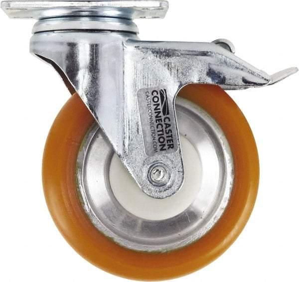 Caster Connection - 5" Diam x 1-1/4" Wide x 6-1/4" OAH Top Plate Mount Swivel Caster with Brake - Polyurethane, 450 Lb Capacity, Sealed Precision Ball Bearing, 2-3/8 x 3-5/8" Plate - Eagle Tool & Supply