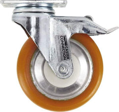 Caster Connection - 5" Diam x 1-1/4" Wide x 6-1/4" OAH Top Plate Mount Swivel Caster with Brake - Polyurethane, 450 Lb Capacity, Sealed Precision Ball Bearing, 2-3/8 x 3-5/8" Plate - Eagle Tool & Supply