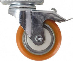 Caster Connection - 4" Diam x 1-1/4" Wide x 5-1/8" OAH Top Plate Mount Swivel Caster with Brake - Polyurethane, 400 Lb Capacity, Sealed Precision Ball Bearing, 2-3/8 x 3-5/8" Plate - Eagle Tool & Supply