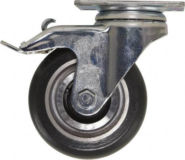 Caster Connection - 4" Diam x 1-1/4" Wide x 5-1/8" OAH Top Plate Mount Swivel Caster with Brake - Polyurethane, 400 Lb Capacity, Sealed Precision Ball Bearing, 2-3/8 x 3-5/8" Plate - Eagle Tool & Supply