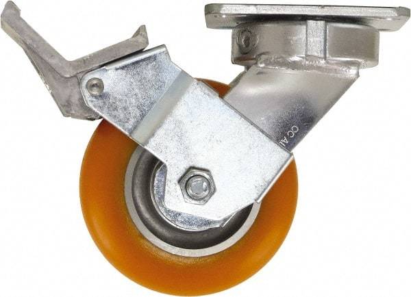 Caster Connection - 5" Diam x 2" Wide x 6-1/2" OAH Top Plate Mount Swivel Caster with Brake - Polyurethane, 750 Lb Capacity, Sealed Precision Ball Bearing, 4 x 4-1/2" Plate - Eagle Tool & Supply