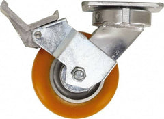 Caster Connection - 5" Diam x 2" Wide x 6-1/2" OAH Top Plate Mount Swivel Caster with Brake - Polyurethane, 750 Lb Capacity, Sealed Precision Ball Bearing, 4 x 4-1/2" Plate - Eagle Tool & Supply