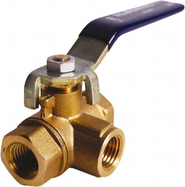 Legend Valve - 3/8" Pipe, Large Port, Brass Diverter Ball Valve - Inline - Three Way Flow, FIPT x FIPT x FIPT Ends, Lever Handle, 600 WOG, 150 WSP - Eagle Tool & Supply