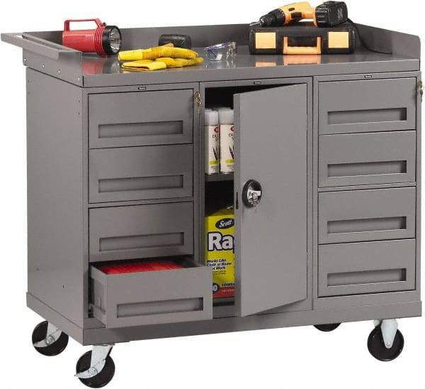 Tennsco - 1,000 Lb Capacity, 1 Shelf, 8 Drawer, 1 Door Mobile Bench - 45" Wide x 25" Deep x 43" High, Steel - Eagle Tool & Supply