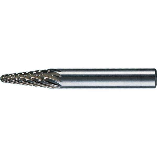 PFERD - 1/4" Cut Diam, 1/4" Shank Diam, 14° Taper Head Diamond Cut Burr - Tungsten Carbide, 5/8" LOC, 1-15/16" OAL - Eagle Tool & Supply
