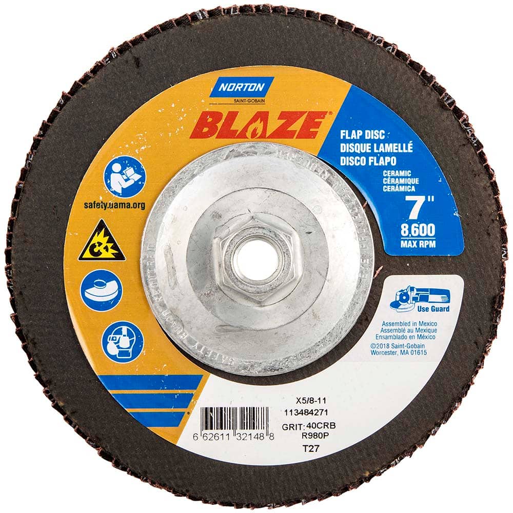 Norton - 7" 40 Grit 5/8-11 Center Hole Type 27 Ceramic Alumina Flap Disc - Eagle Tool & Supply