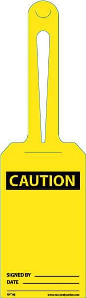 NMC - 11-1/4" High x 3-1/4" Long, CAUTION - SIGNED BY ______ DATE _____, English Safety & Facility Tag - Tag Header: CAUTION, 1 Side, White Unrippable Vinyl - Eagle Tool & Supply