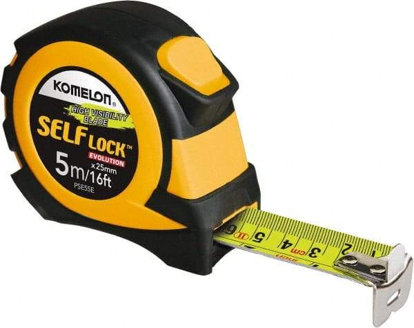 Komelon - 16' x 25mm Yellow Steel Blade Tape Measure - 5mm Graduation, Inch/Metric Graduation Style, Yellow/Black ABS Plastic Case - Eagle Tool & Supply