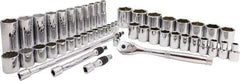Proto - 50 Piece 3/8" & 1/2" Drive Chrome Finish Deep Well Socket Set - 6, 12 Points, 5/16" to 1-1/2" Range, Inch Measurement Standard - Eagle Tool & Supply