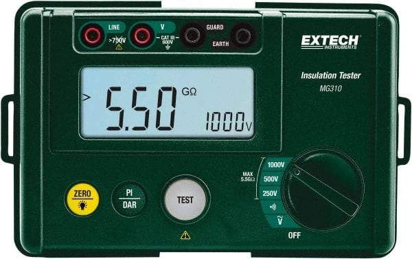 Extech - Digital LCD Display, 0.002 Megohm Electrical Insulation Resistance Tester & Megohmmeter - 1,000 Volt Max Test Voltage, Powered by AA Battery - Eagle Tool & Supply