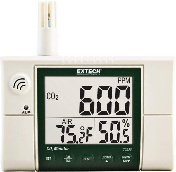 Extech - Visual, Audible Alarm, LCD Display, Indoor Air Quality Monitor - Monitors Carbon Dioxide - Eagle Tool & Supply