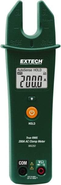 Extech - MA260, CAT IV, Digital True RMS Clamp Meter with 0.16" Fork Jaws - 1000 VAC/VDC, 200 AC Amps, Measures Voltage, Continuity, Current, Resistance - Eagle Tool & Supply