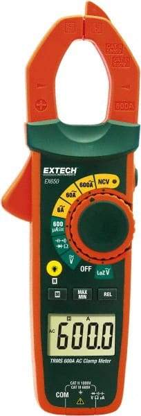 Extech - EX650, CAT III, Digital True RMS Auto Ranging Clamp Meter with 1.18" Clamp On Jaws - 750 VAC, 1000 VDC, 600 AC Amps, Measures Voltage, Capacitance, Continuity, Current, Resistance - Eagle Tool & Supply