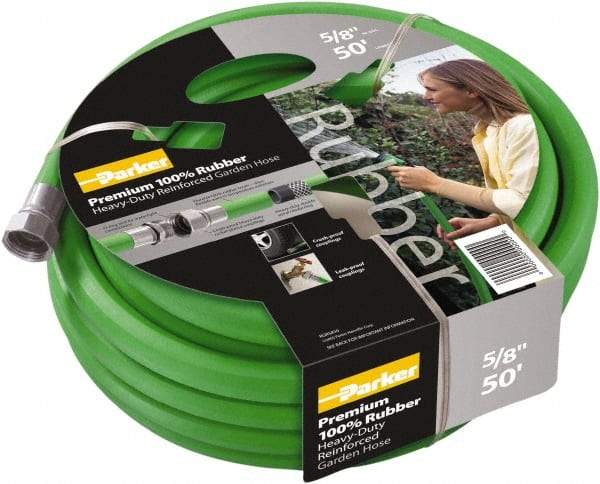 Parker - 50' Long Garden Hose - 5/8" Diam, 3/4" GHT, Rubber, 125 psi, Green - Eagle Tool & Supply