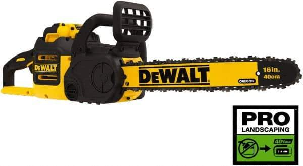 DeWALT - 40 Volt, 50 Ft/sec, Battery Powered Chainsaw - 16" Guide Bar Length, 7,500 RPM, 3/8" Chain Pitch, 0.043 Chain Gauge - Eagle Tool & Supply