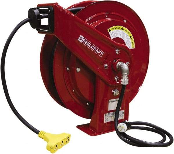 Reelcraft - 12 AWG, 75' Cable Length, Cord & Cable Reel with Triple-Tap Outlet End - 3 Outlets, NEMA 5-15R, 15 Amps, 125 Volts, SEOOW Cable, Red Reel, Spring Driven Reel - Eagle Tool & Supply