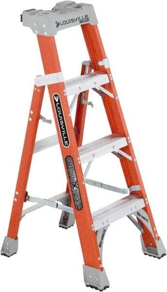 Louisville - 3 Steps, 4' High, Type IA Rating, Fiberglass Step Ladder - 300 Lb Capacity, 20-1/4" Base Width - Eagle Tool & Supply
