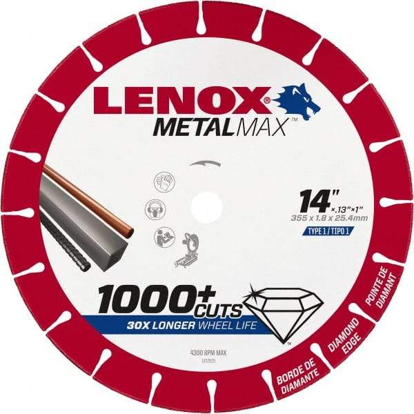 Lenox - 14" 25/30 Grit Diamond Cutoff Wheel - 0.13" Thick, 1" Arbor, 4,300 Max RPM, Use with Stationary Tools - Eagle Tool & Supply