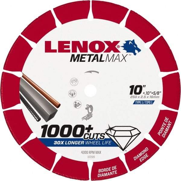 Lenox - 10" 25/30 Grit Diamond Cutoff Wheel - 0.114" Thick, 5/8" Arbor, 4,300 Max RPM, Use with Stationary Tools - Eagle Tool & Supply