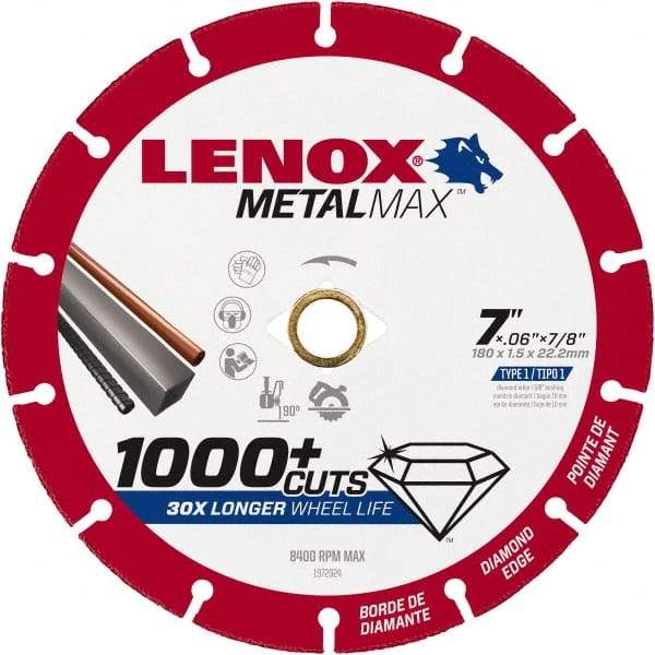 Lenox - 7" 40/50 Grit Diamond Cutoff Wheel - 0.06" Thick, 7/8" Arbor, 8,400 Max RPM, Use with Angle Grinders - Eagle Tool & Supply